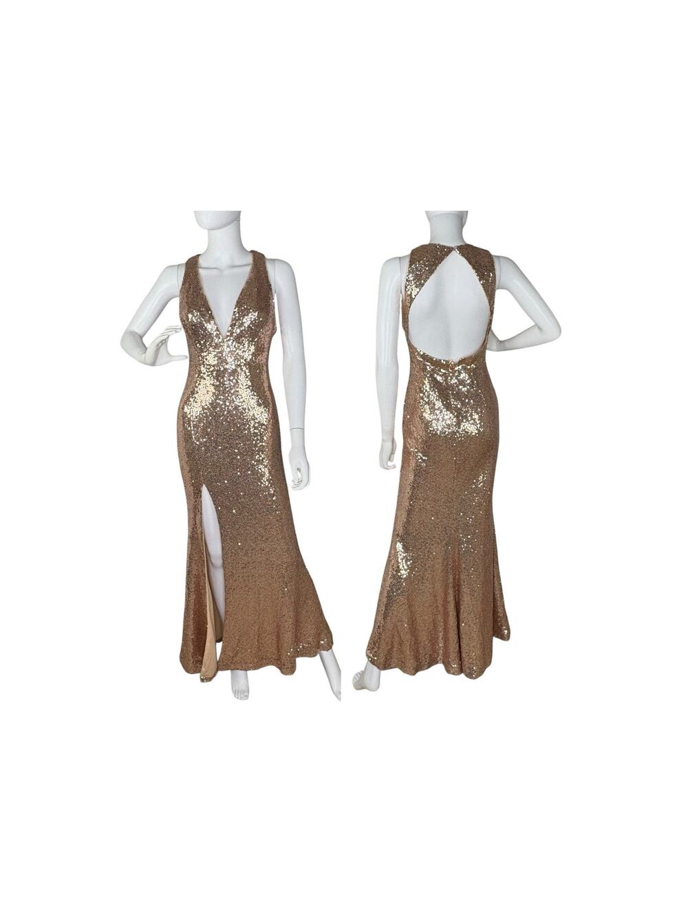 Vtg Y2K Sequined Gown Evening Halter Neck Empire Prom Metallic Rose Gold Sz M